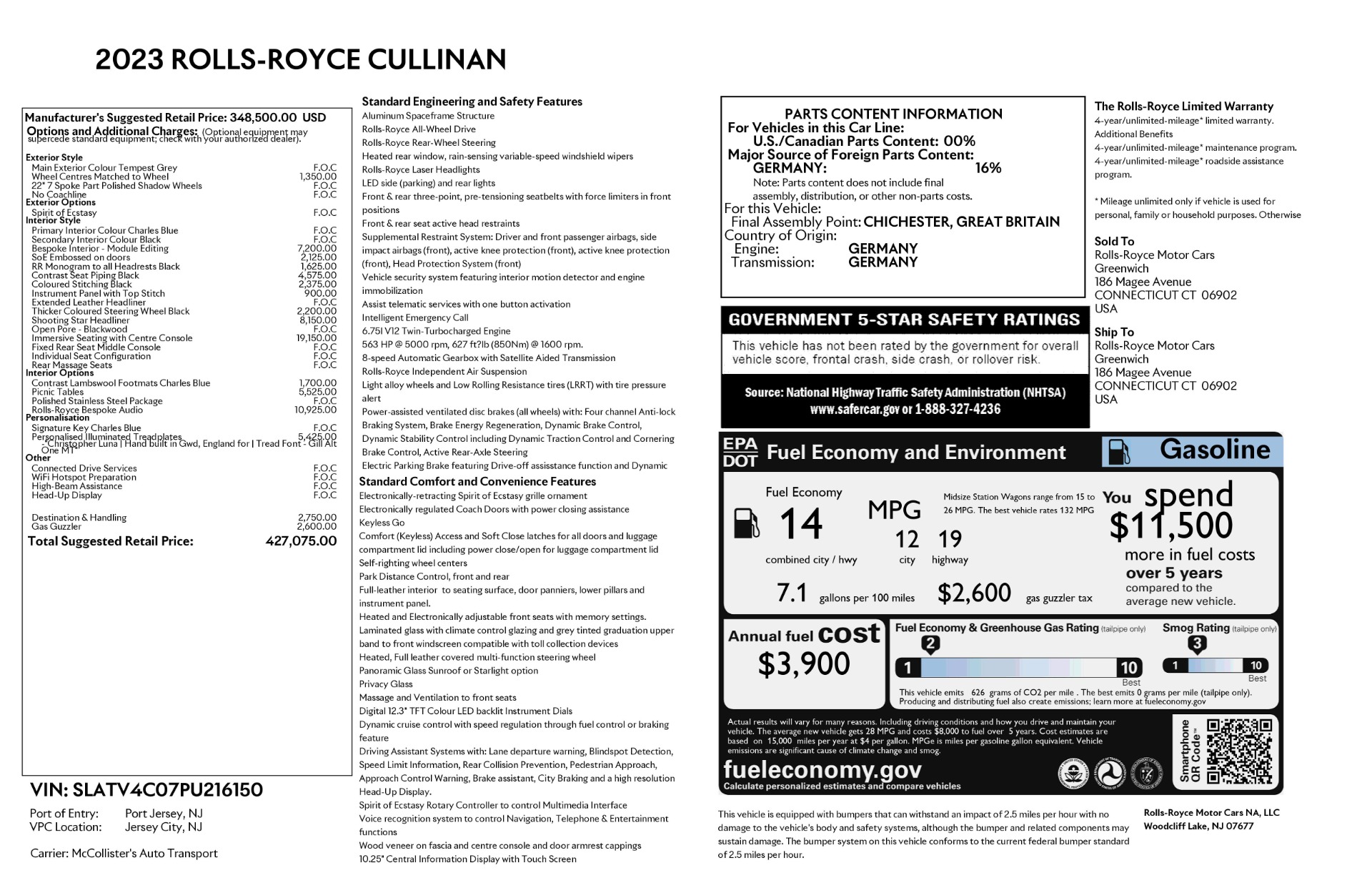 New 2023 Rolls-Royce Cullinan For Sale ($427,075)